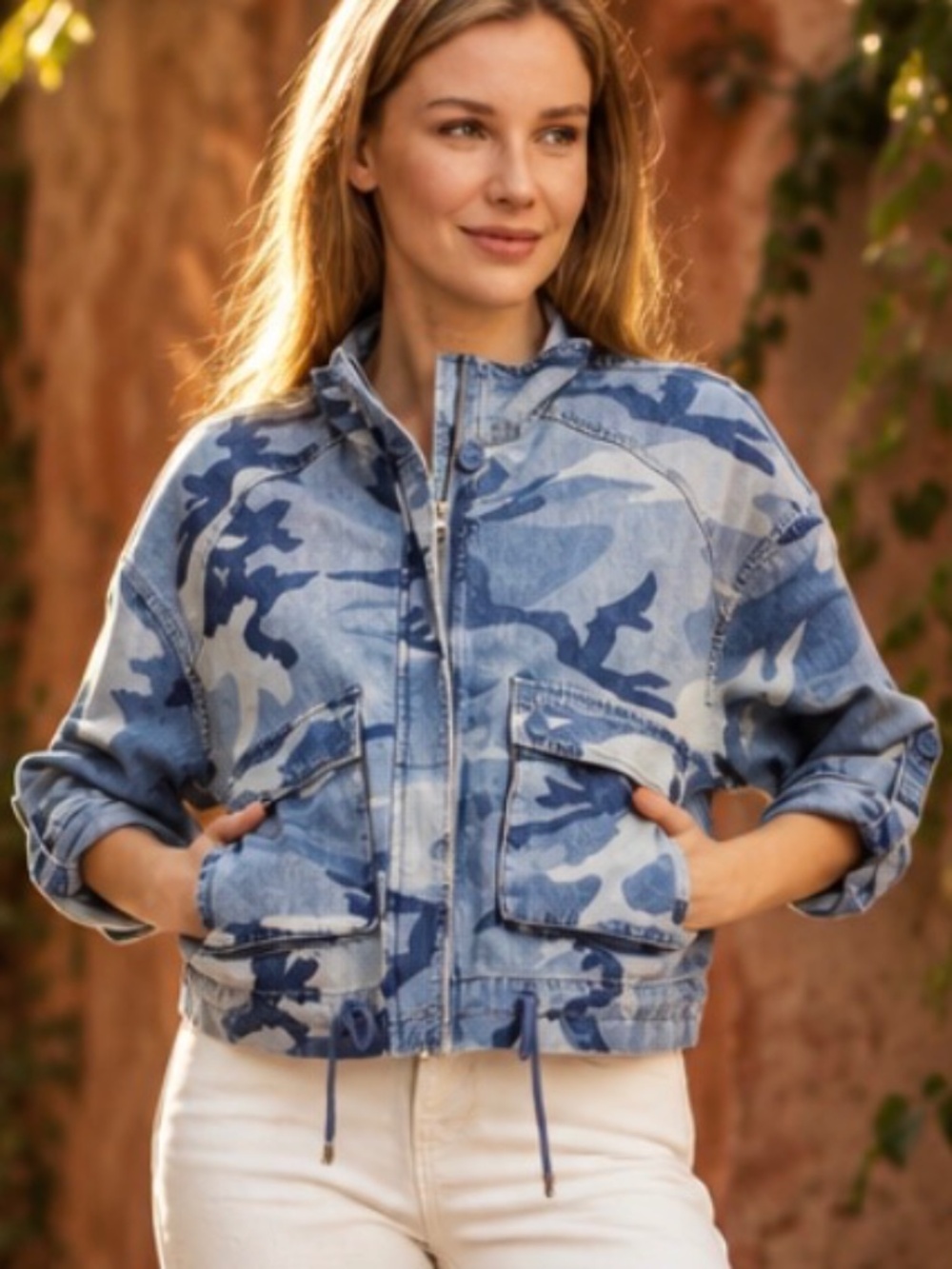 Camo Print Pockets zip up Loose Fit Cotton Jacket